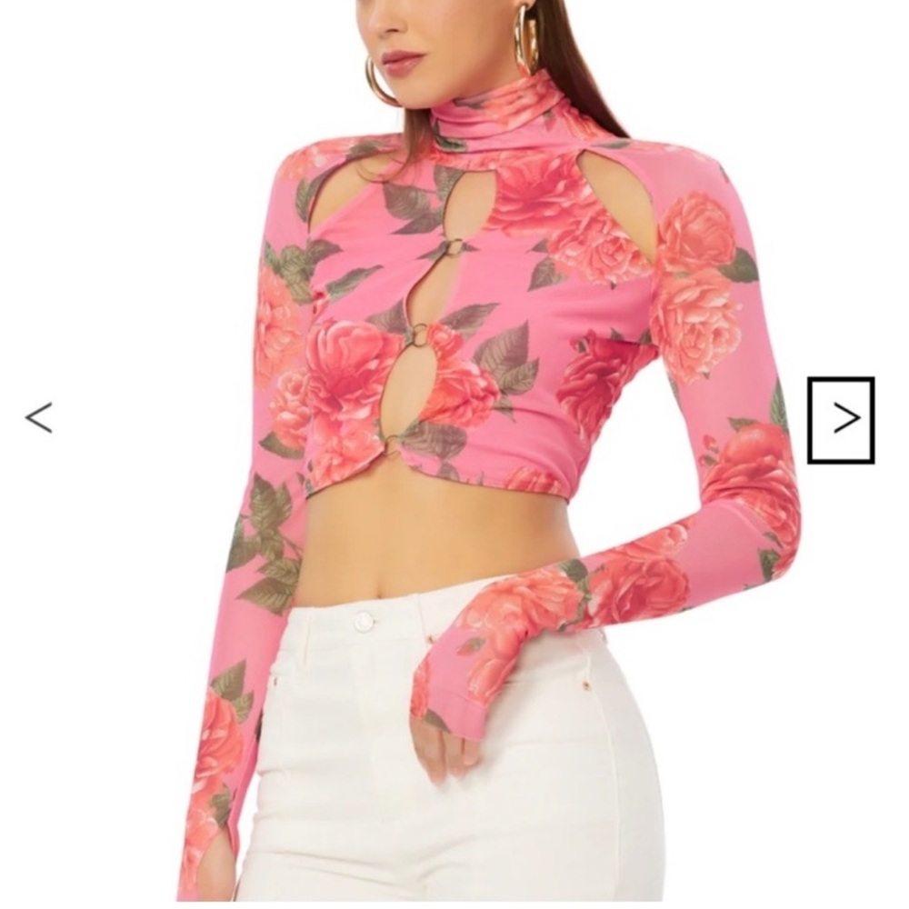 AFRM Maui mesh cut out mesh long sleeve crop top in pink bouquet